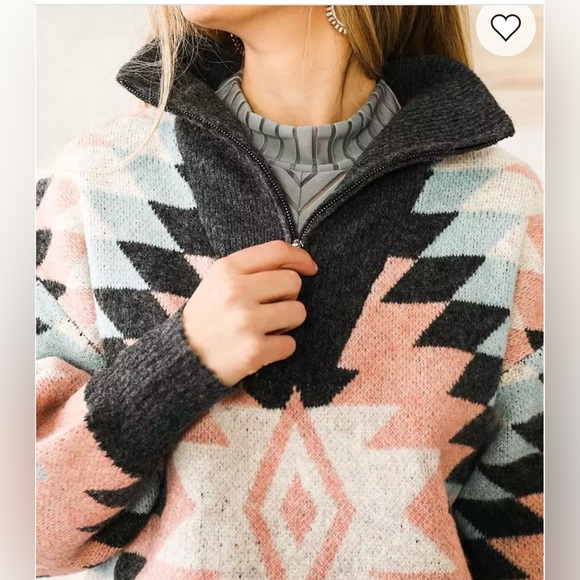 HYFVE Pink and Black Aztec Quarter Zip Cropped Sweater - Picture 3 of 11